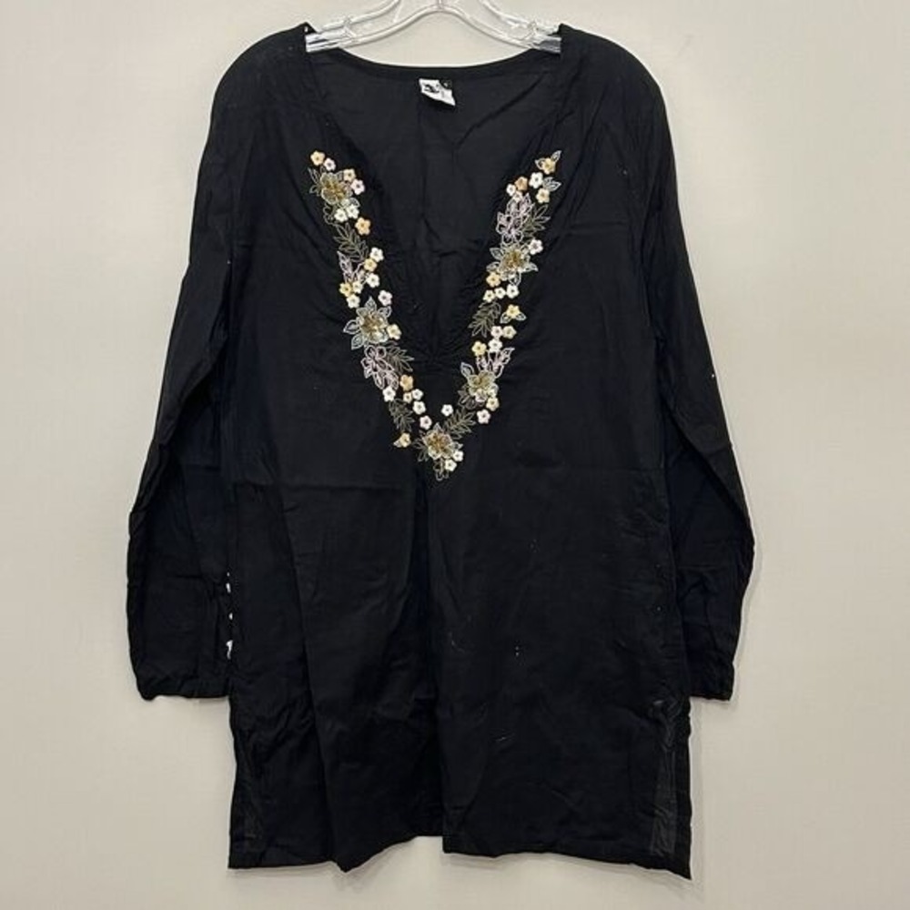 Leilani Tunic Womens Small Black Floral Embroidered Sequin V-Neck Cotton Swim